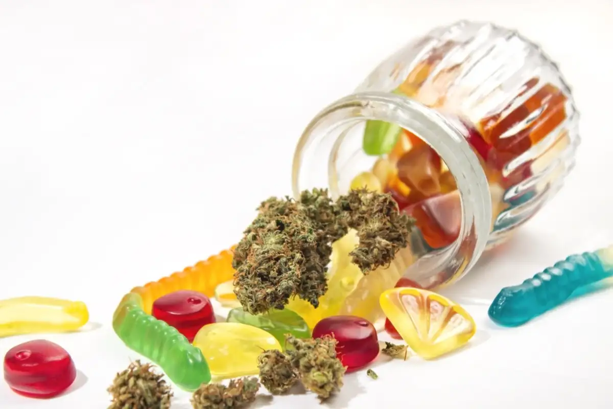 Glass jar filled with gummy bears and cannabis