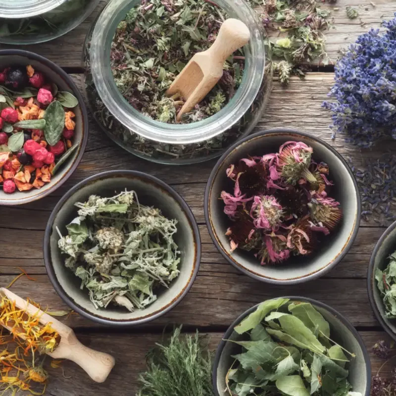 Bowls and jars of dry medicinal herbs